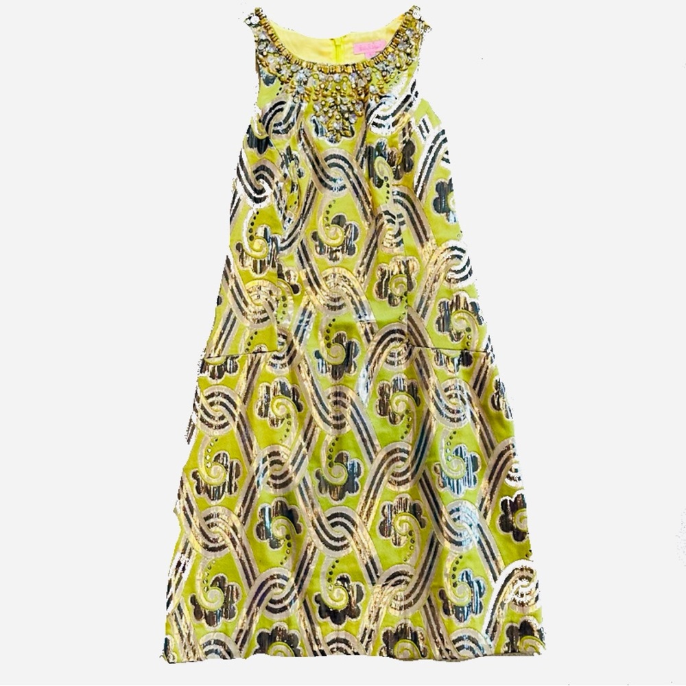 Lilly Pulitzer sleeveless metallic green/gold/black mini dress- Size 6.